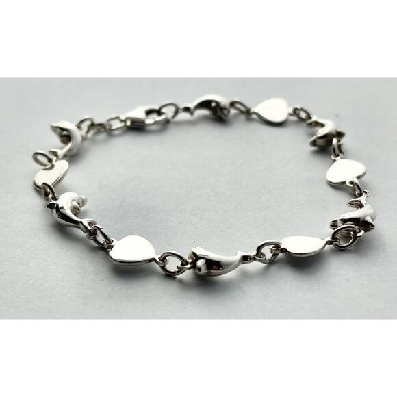 .925 Sterling Silver Puffed Dolphin & Hearts Link Bracelet, Italy 7” - Picture 3 of 5